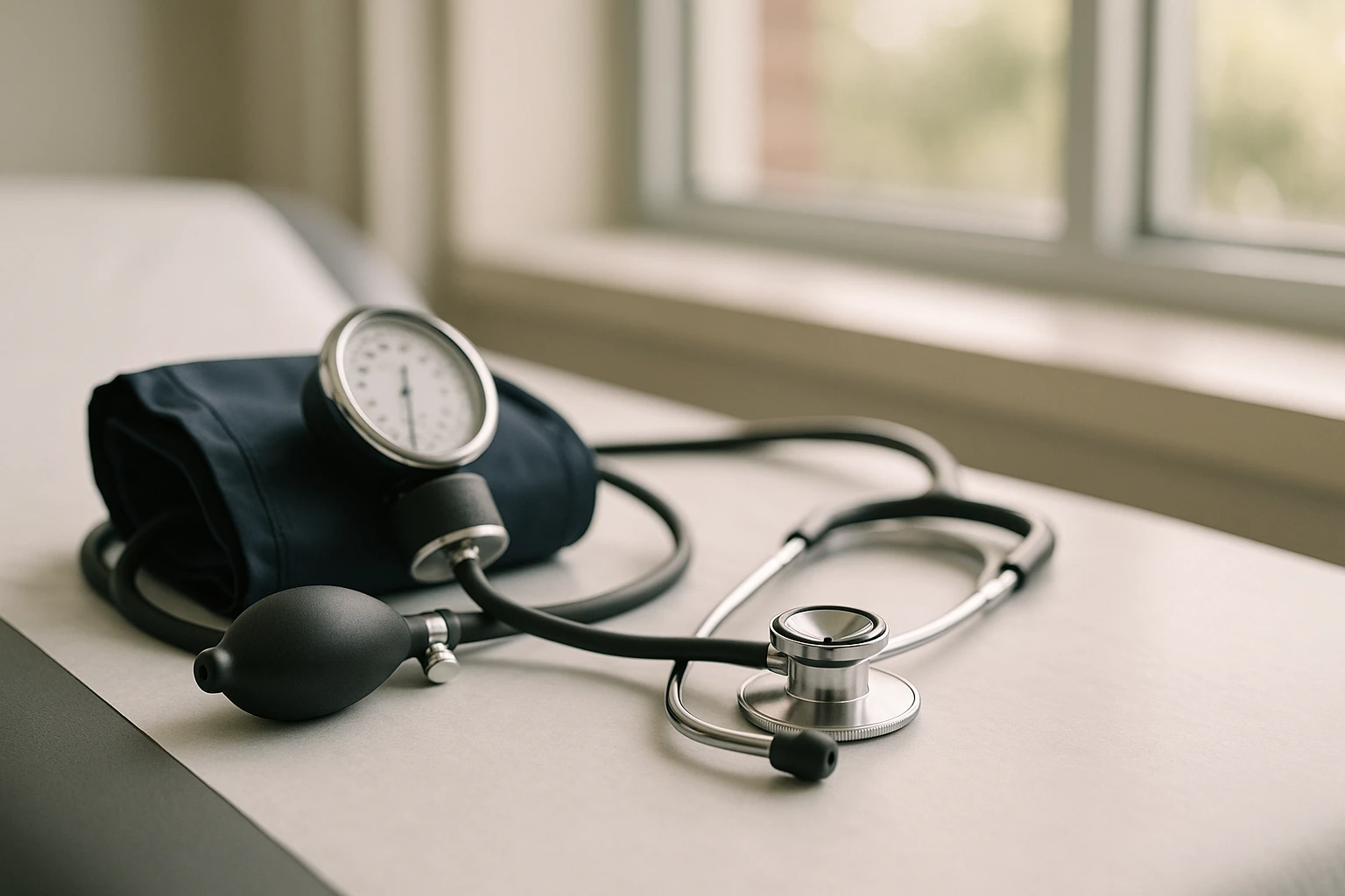 A close-up of a doctor's stethoscope and blood pressure cuff on a clean examination table inside the Women's Health Clinic in Glen Burnie, MD, with soft daylight streaming through the window, highlighting the focus on comprehensive and compassionate healthcare services.