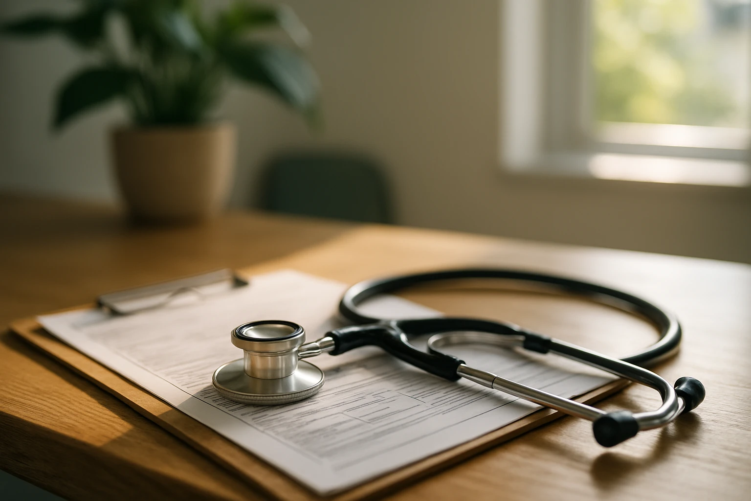 A close-up of a stethoscope and medical paperwork on a wooden reception desk at a small clinic, with a glimpse of a potted plant and sunlight streaming through a window in the background.