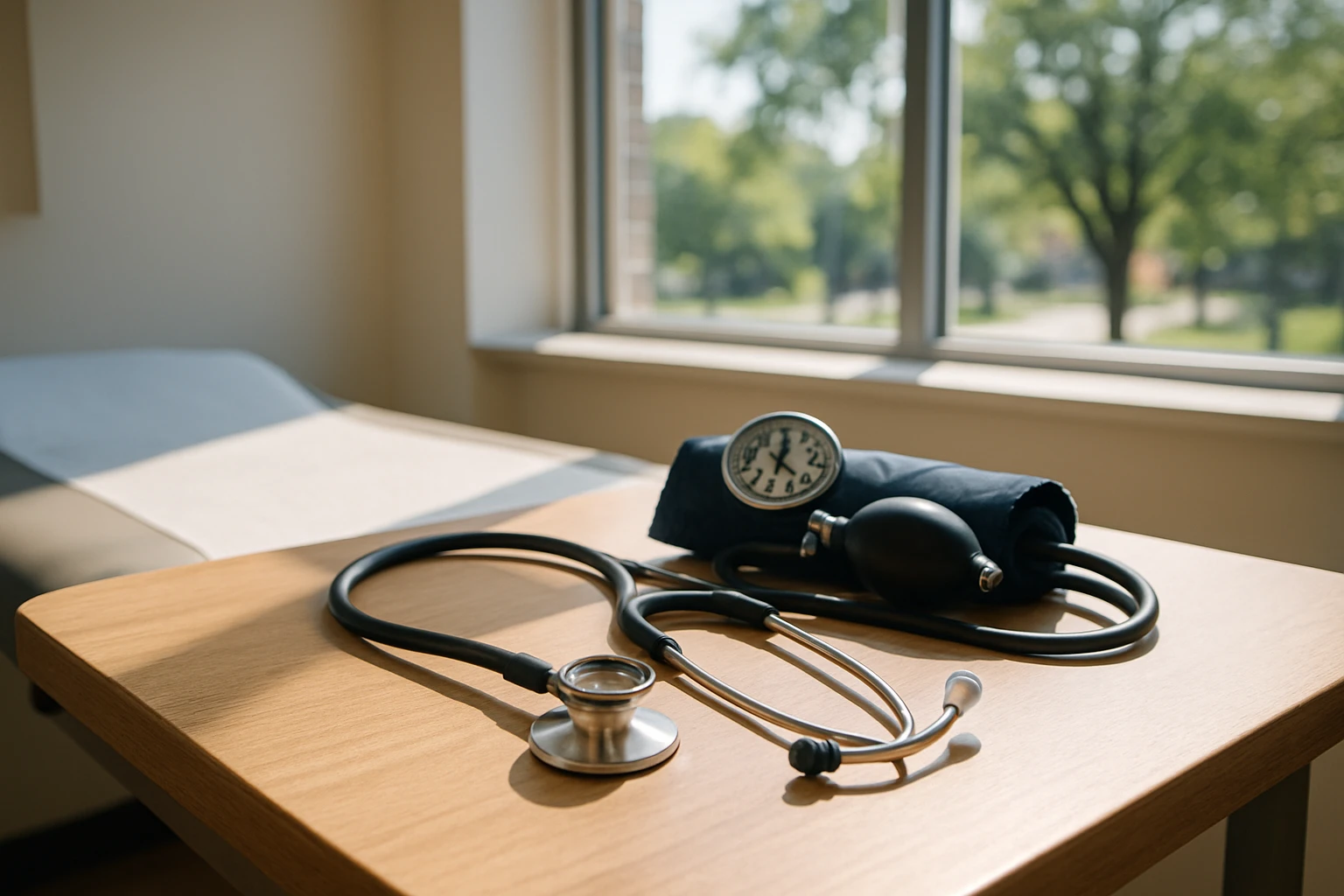 A stethoscope and blood pressure cuff resting on a wooden examination table in a bright, sunlit clinic room, with a large window overlooking a tree-lined street in Glen Burnie, MD.