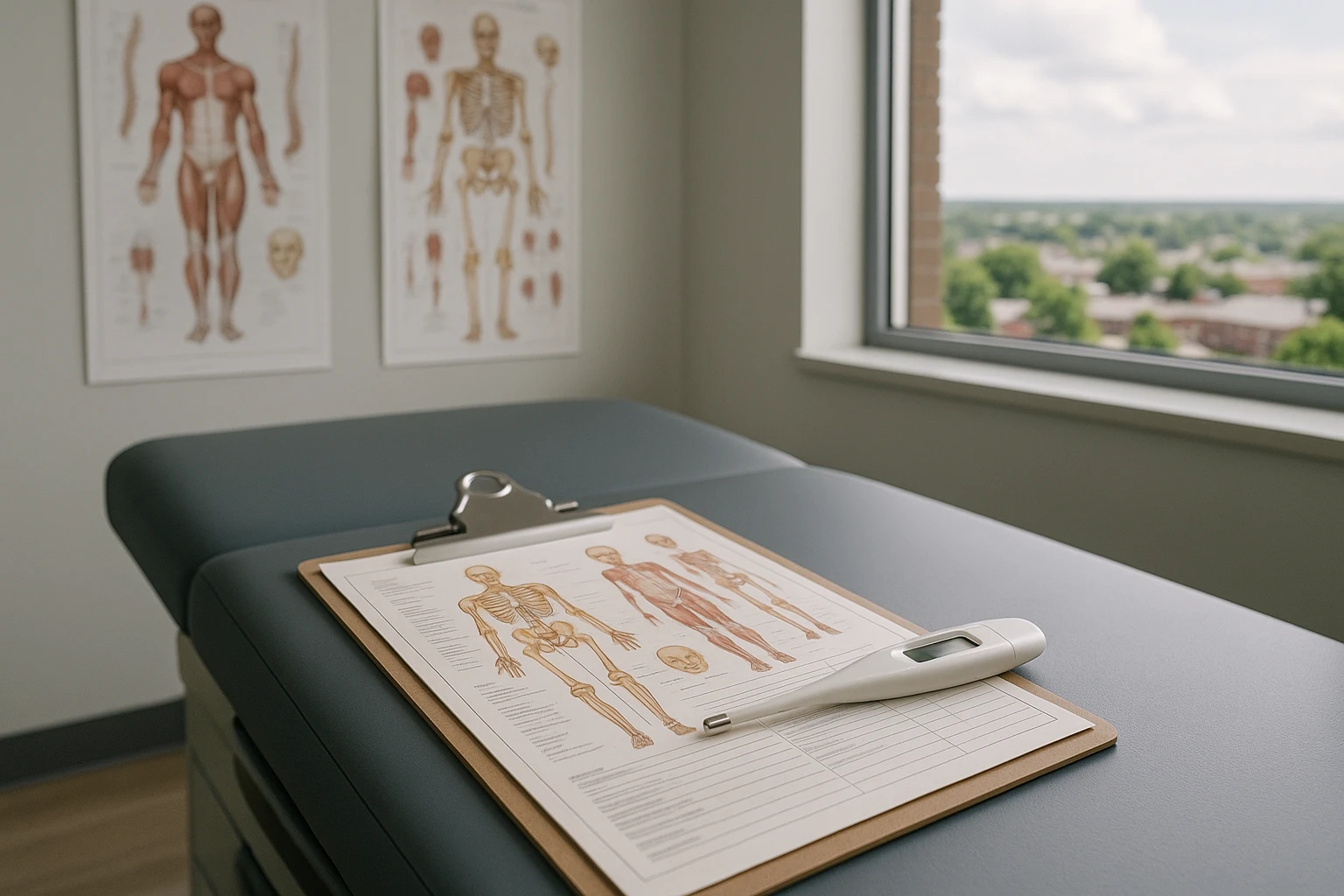A detailed illustration of a medical chart and a digital thermometer lying on a sleek, modern examination table with posters of human anatomy on the walls and a view of Glen Burnie's suburban skyline through the window.