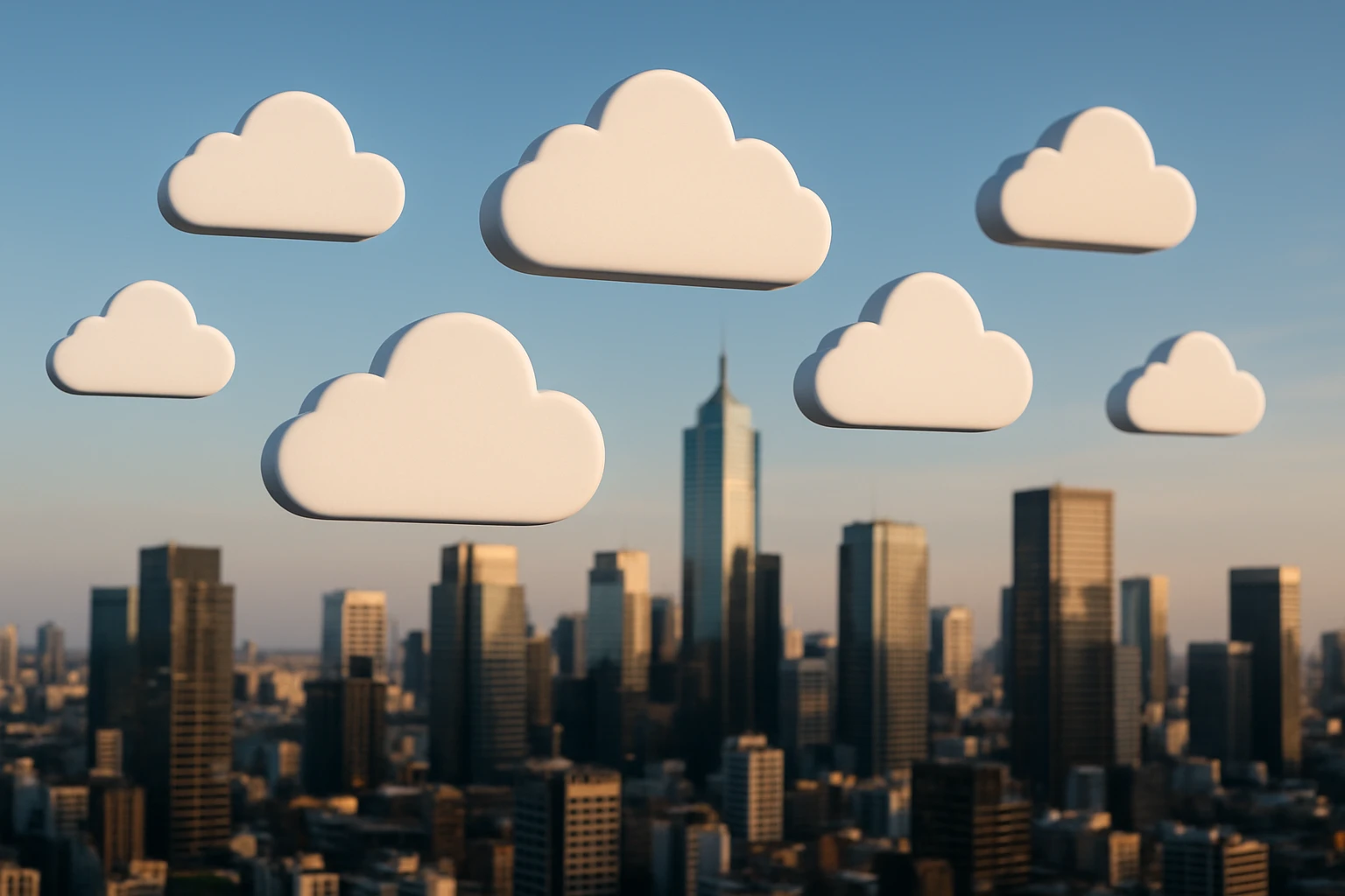 A collection of cloud-shaped icons floating over a vibrant city skyline, symbolizing connectivity and digital integration in a technologically advanced urban environment.