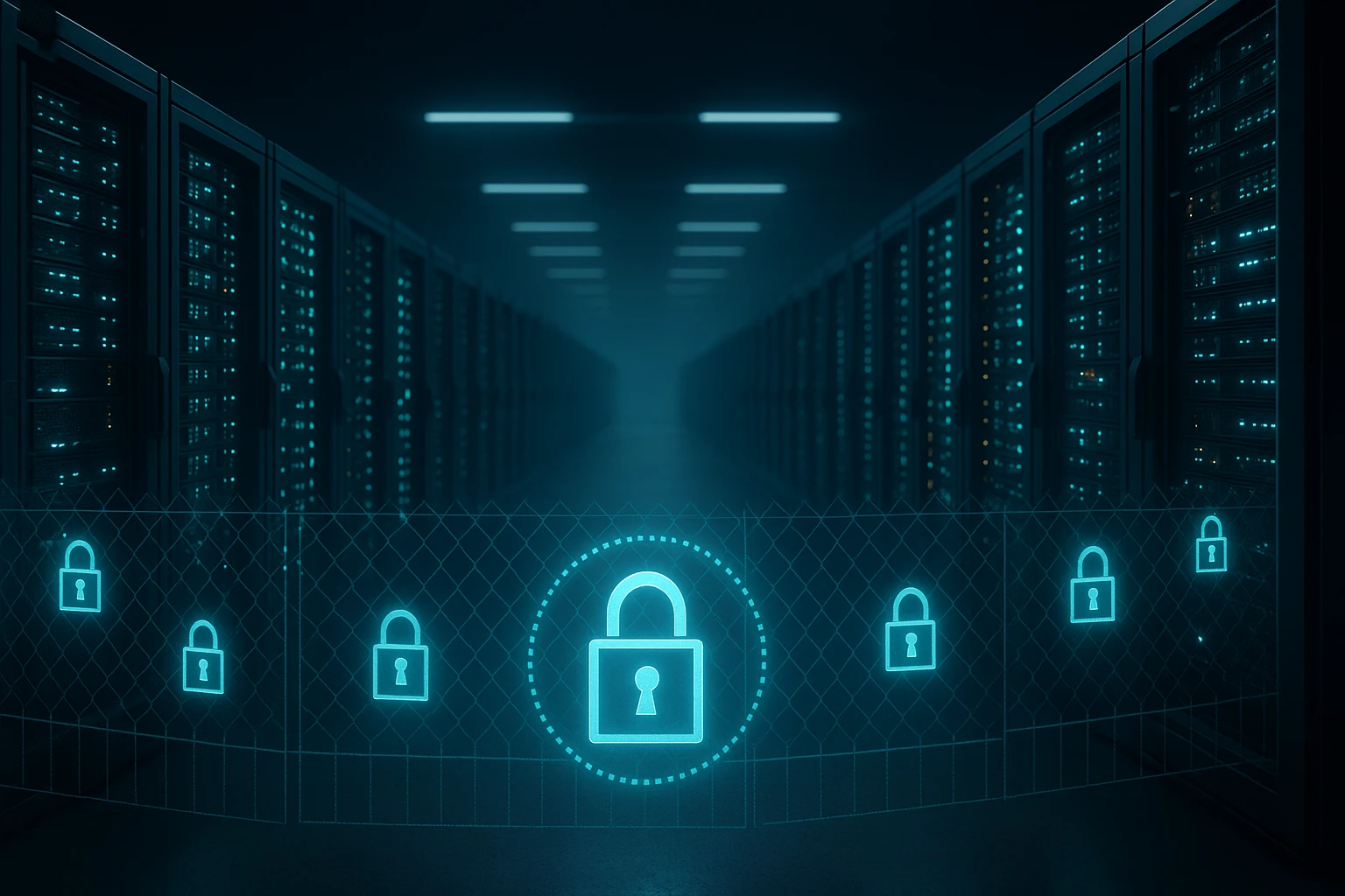 A futuristic data center with row after row of glowing servers, surrounded by a security fence with digital lock symbols projected holographically, emphasizing advanced protection and technological innovation in cloud computing.
