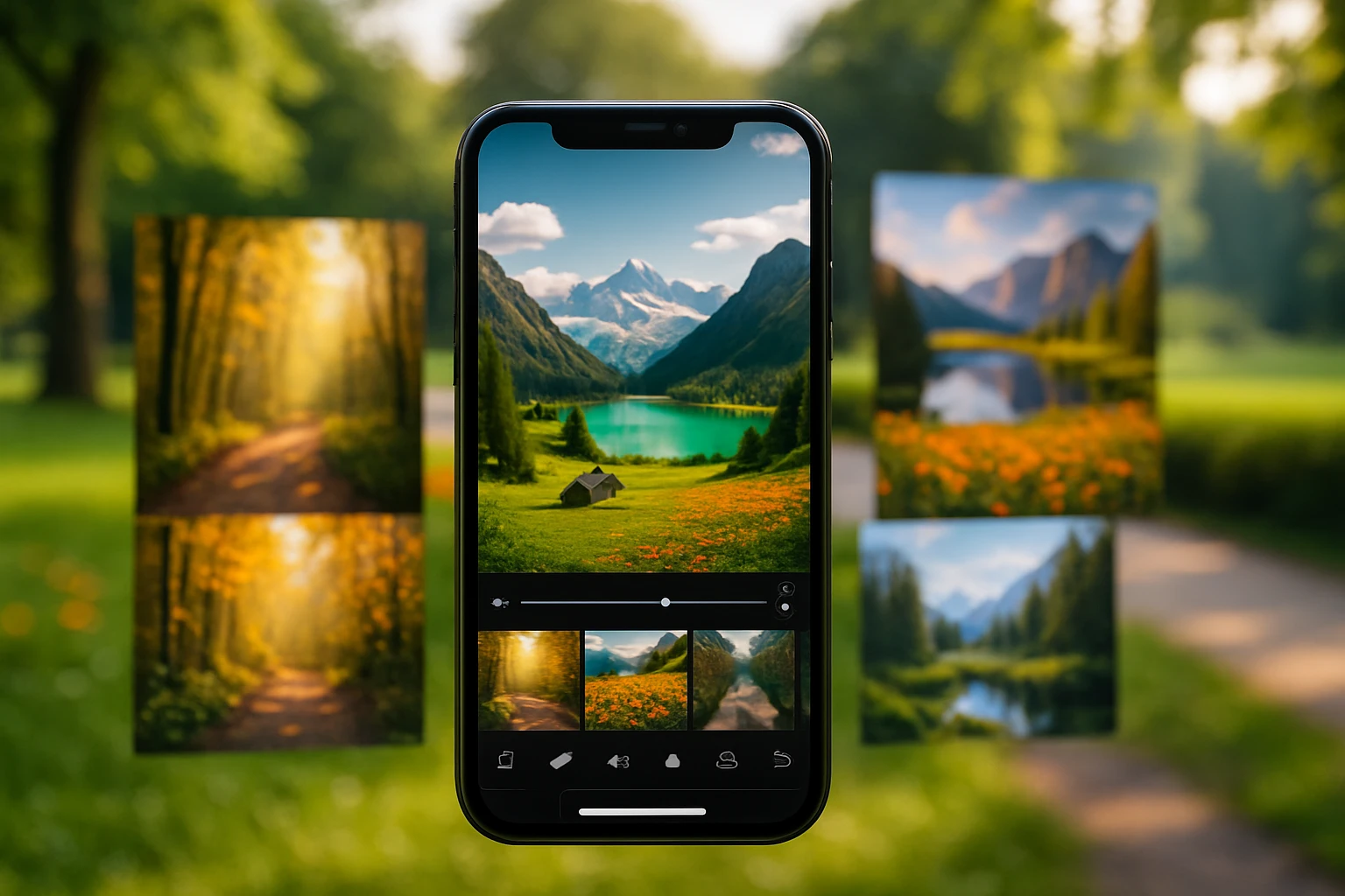 A close-up of a smartphone displaying a photo editing app interface, with vibrant nature scenes and enhanced images in the background, set against a scenic outdoor park.