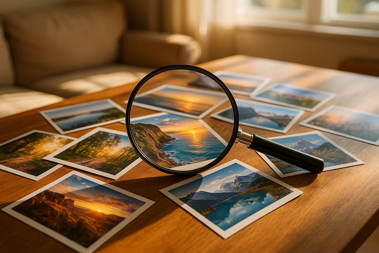 A collection of printed photographs spread across a wooden table, with a magnifying glass highlighting the sharp details and vibrant colors enhanced by AI technology, set in a cozy, sunlit living room.