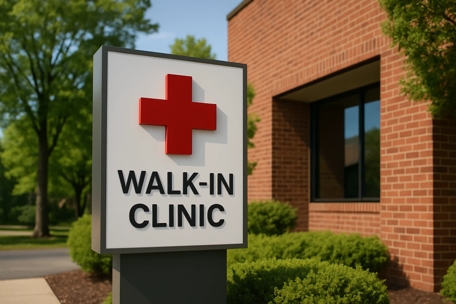 A small, modern walk-in clinic sign with a red cross logo stands outside a brick building surrounded by green trees and a clear blue sky in Glen Burnie, MD.