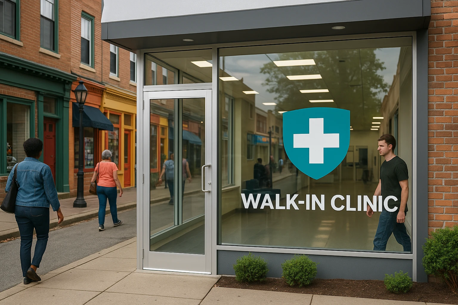 A walk-in clinic with a prominent glass entrance displaying a teal and white health logo, situated in a bustling Glen Burnie street with colorful local shops and pedestrians passing by.