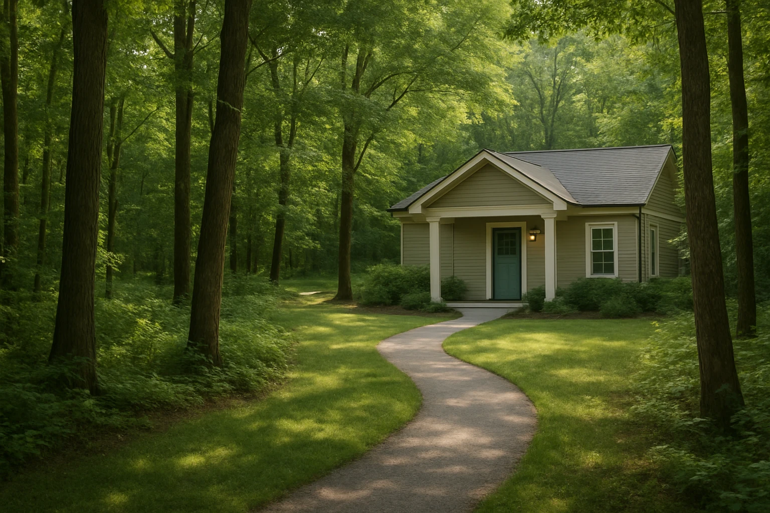 A serene outdoor view of a calm, wooded area with a winding path leading to a small, welcoming clinic building surrounded by lush greenery, conveying a sense of peace and recovery.