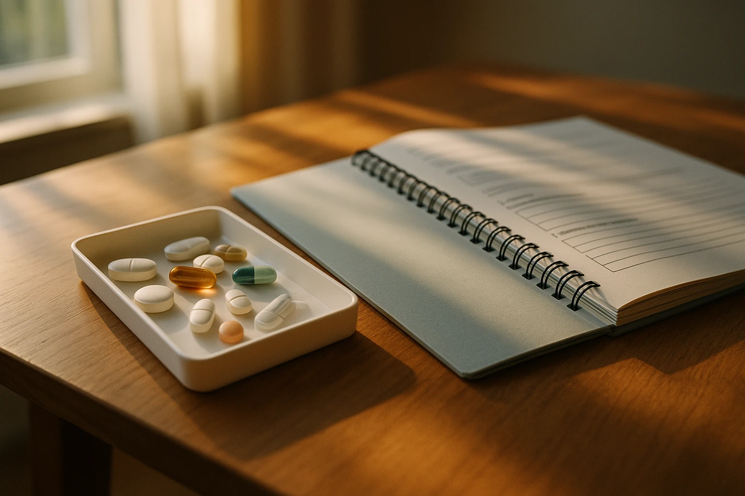 A close-up of a medication tray and therapy workbook resting on a wooden table, surrounded by soft sunlight streaming through a window, symbolizing a balanced approach to treatment comprising medication and behavioral therapy.