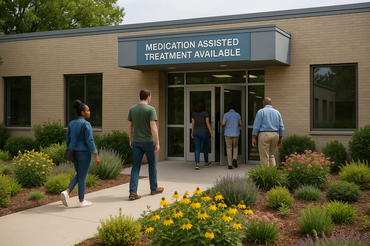 A community health clinic exterior with a sign reading