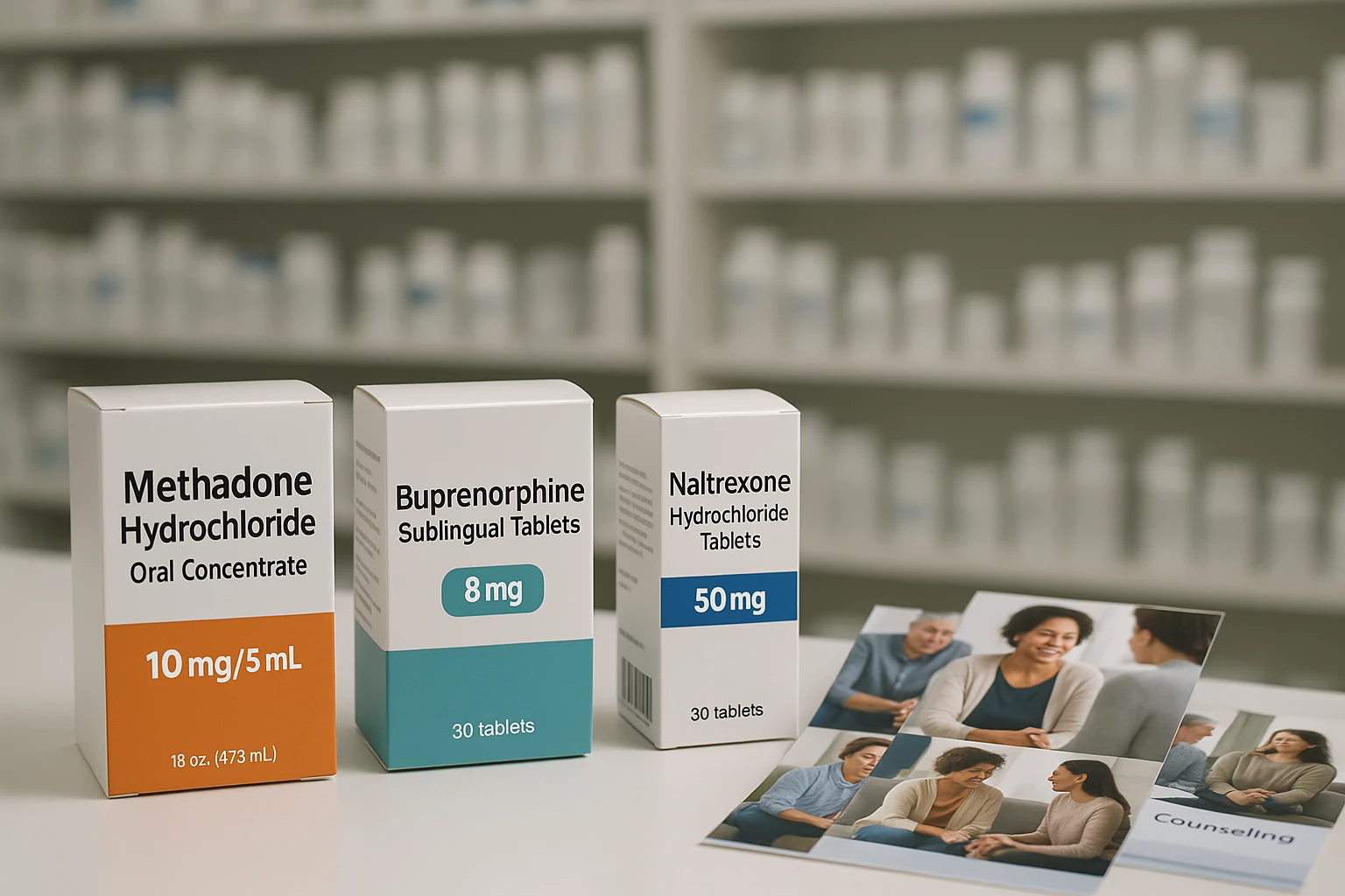 A pharmacy counter displaying various FDA-approved medications for treatment, including branded packaging of methadone, buprenorphine, and naltrexone, with brochures about counseling services neatly arranged beside them.