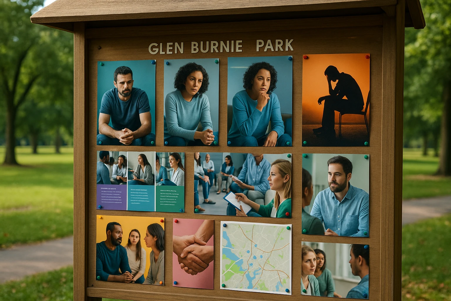 A community bulletin board in a Glen Burnie park featuring flyers and brochures for local addiction treatment resources, with colorful pamphlets and a map showing clinic locations.