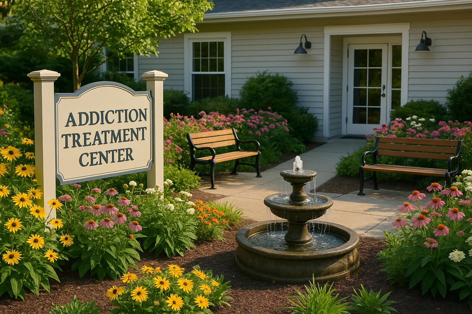 A serene garden outside an addiction treatment clinic near Glen Burnie, MD, featuring a welcoming entrance sign surrounded by blooming flowers and a small fountain, with benches for reflection.