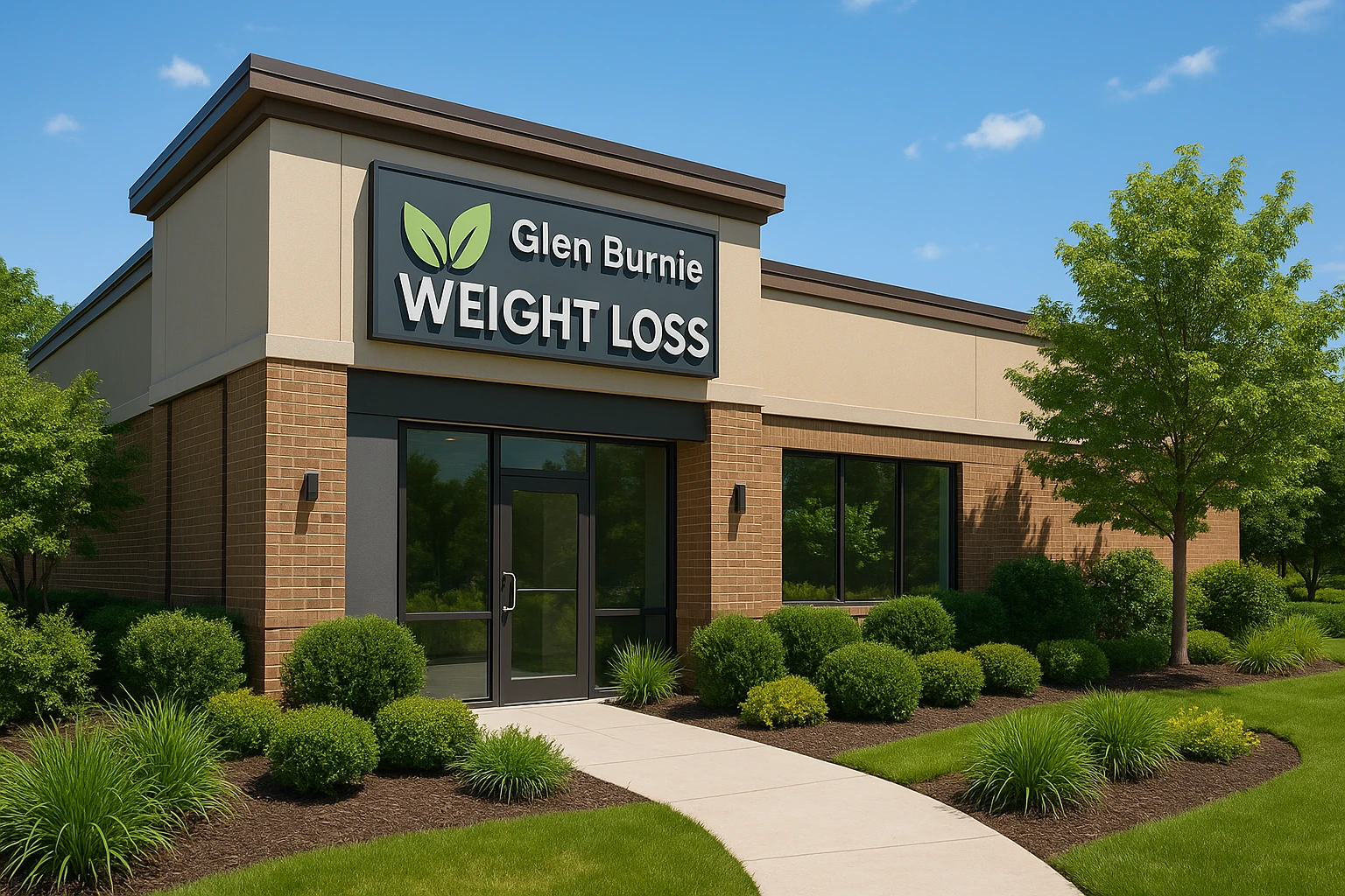 A vibrant outdoor scene shows a modern weight loss clinic facade in Glen Burnie, featuring a welcoming sign with a stylized leaf logo, surrounded by lush green landscaping and a clear blue sky above.