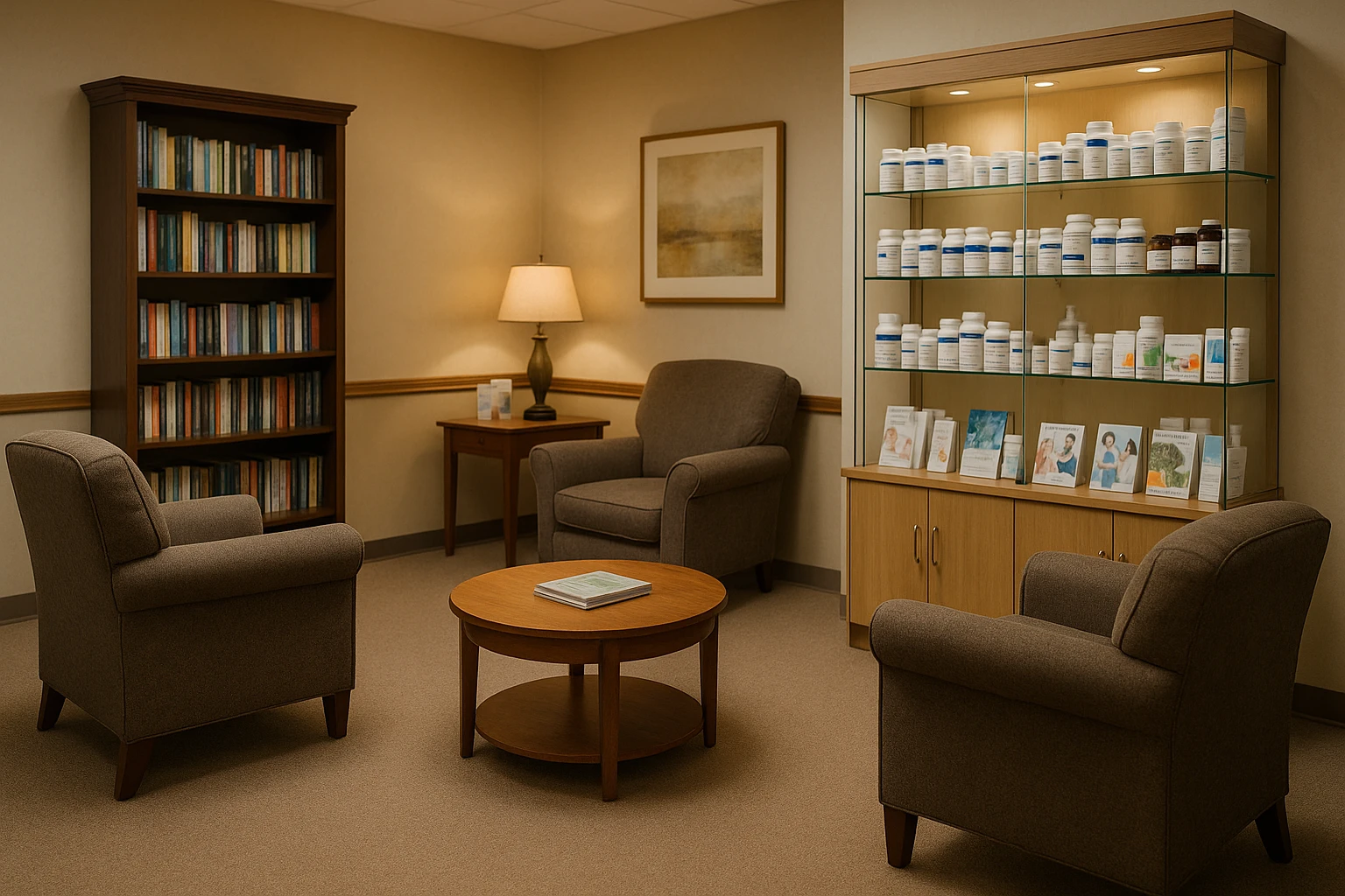 A cozy waiting room inside a Glen Burnie clinic features plush chairs and a well-stocked bookshelf; a prominent display case showcases various nutritional supplements and brochures on health management, all under soft ambient lighting.
