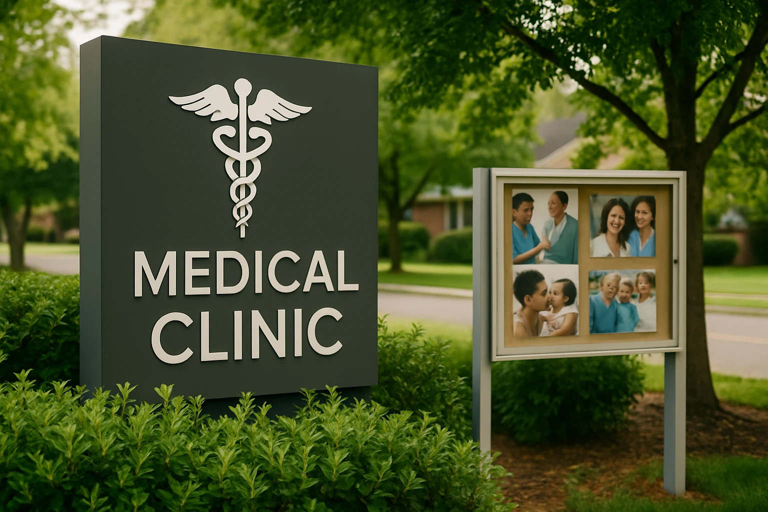 A close-up of a medical clinic entrance sign surrounded by greenery, with community health posters on a nearby bulletin board, in a suburban setting near Glen Burnie.