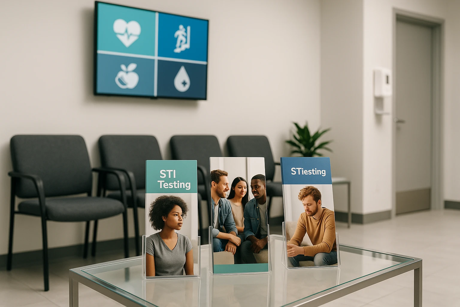 A clean, modern waiting room inside a community health clinic, featuring informational brochures about STI testing on a sleek glass table, with a wall-mounted monitor displaying health tips and a sanitizer station by the door.