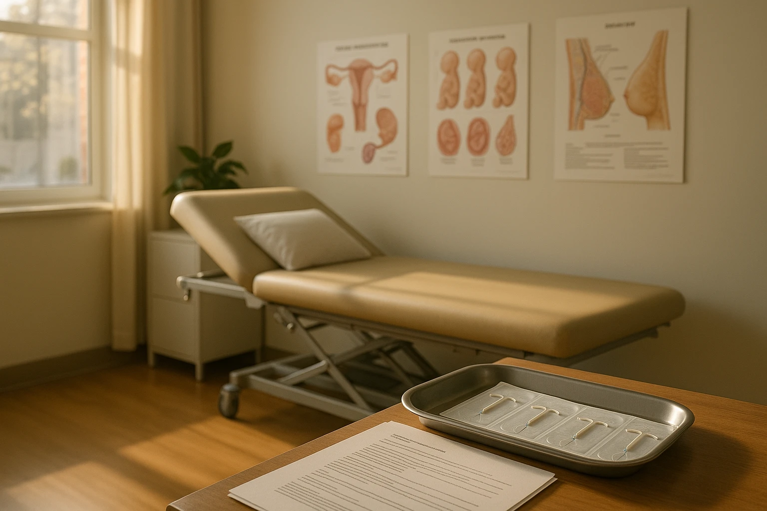 A cozy, sunlit clinic room with a medical examination table, posters about women's health on the walls, and a tray of sterile IUD devices next to patient consultation documents.