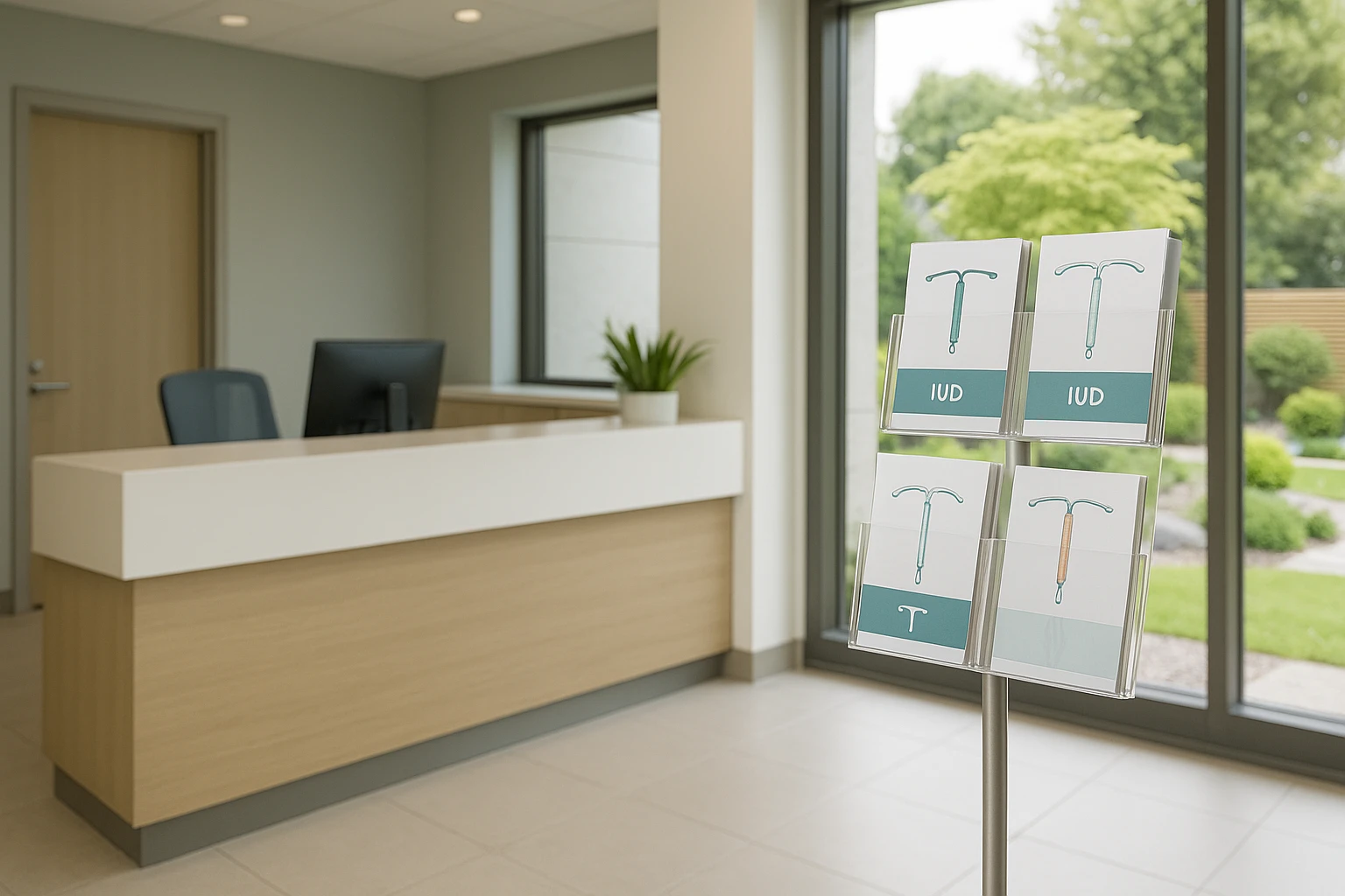 A modern clinic lobby with a sleek reception desk, brochures about IUD options neatly displayed on a stand, and a large window offering a view of a peaceful garden outside.