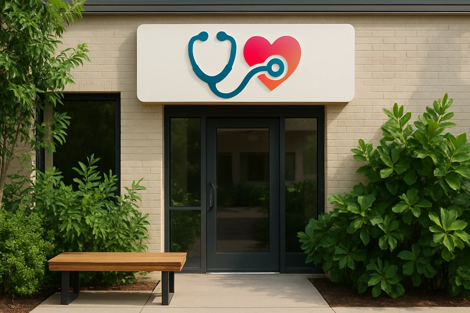 A welcoming women's health clinic facade with a colorful sign featuring a stylized stethoscope and a heart, surrounded by leafy green plants and a modern bench outside, indicating a friendly and approachable healthcare environment.
