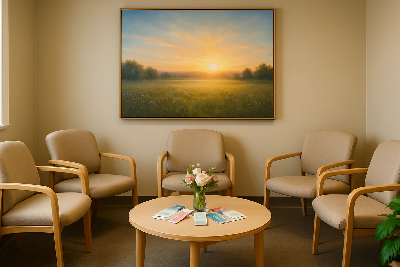 A serene waiting room in a women's health clinic with a large, calming painting of a sunrise over a meadow on the wall, comfortable chairs arranged around a table with an assortment of health brochures and a small vase of fresh flowers, suggesting a peaceful and welcoming atmosphere.