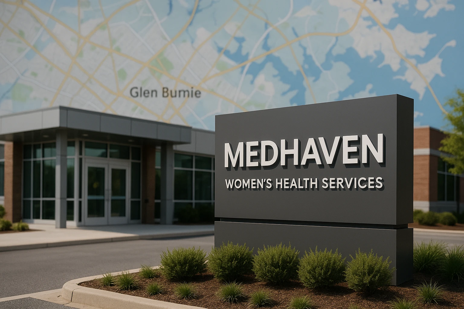 A modern healthcare facility with a large, clear sign reading