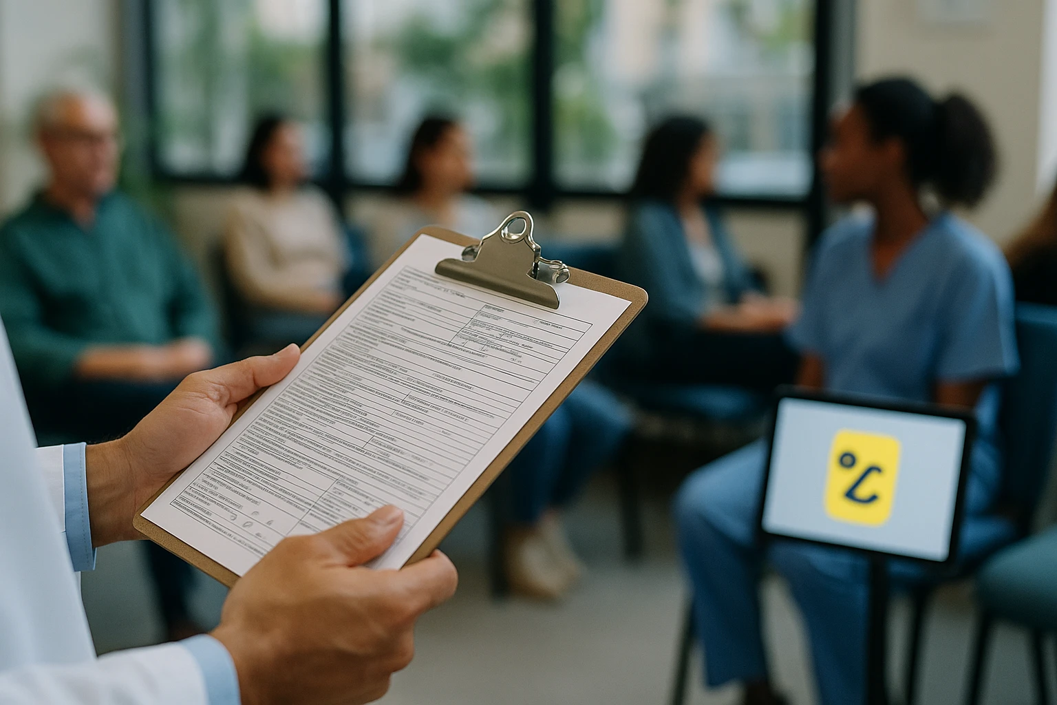 A close-up of a physician's hand holding a clipboard with patient forms, set against the backdrop of a bustling clinic waiting room with a small digital sign showing the Zocdoc logo.