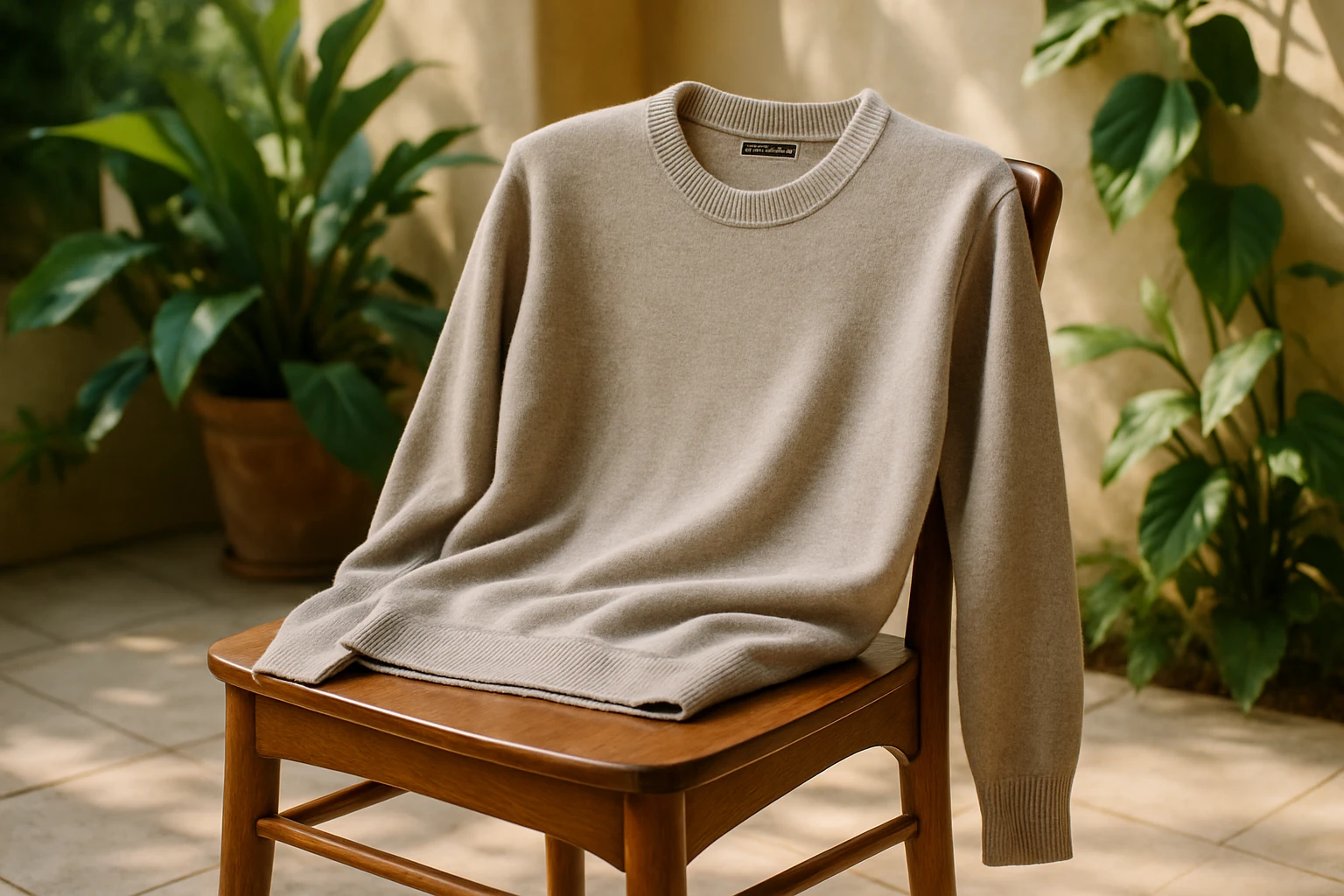 A soft, tailored merino wool sweater draped elegantly over a wooden chair, set against the backdrop of a sunlit patio with leafy plants, embodying a blend of comfort and sophistication.