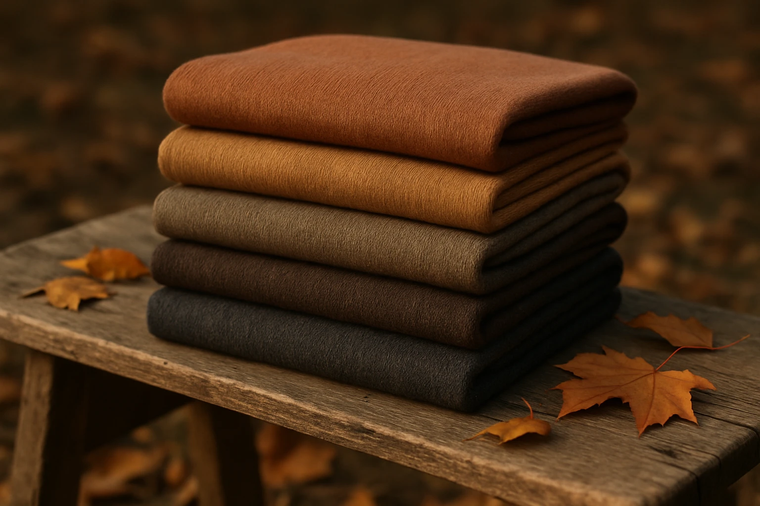 A neatly folded stack of merino wool sweaters in various earthy tones sits atop a rustic wooden bench, surrounded by fallen autumn leaves, highlighting their seasonal versatility and premium craftsmanship.