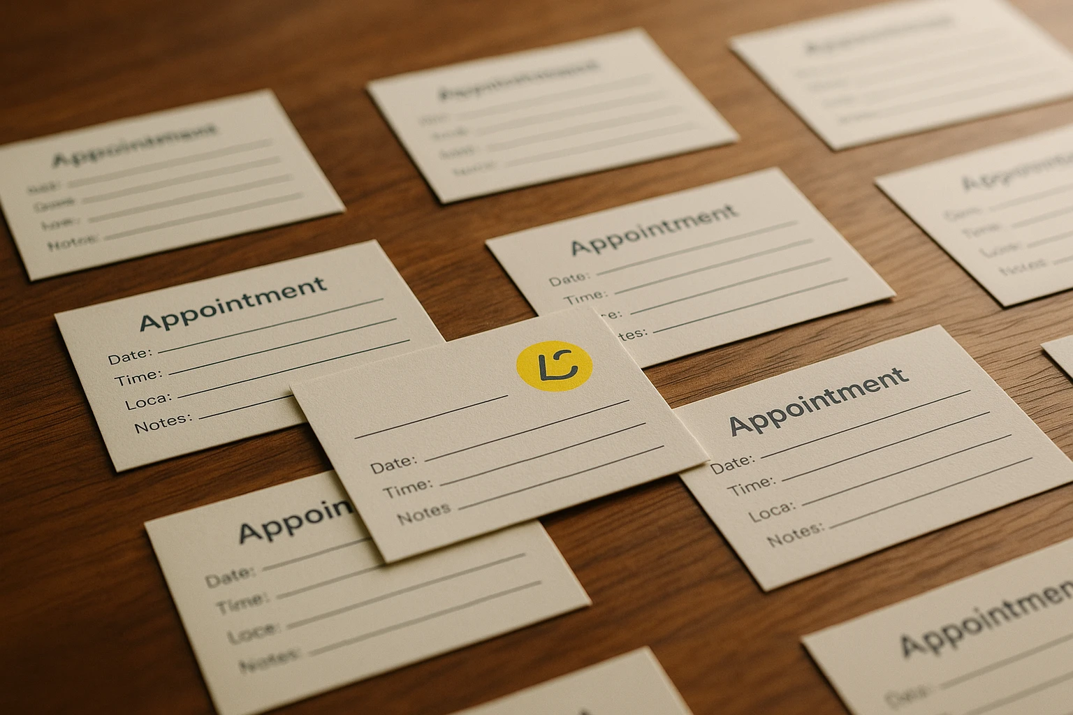 A row of appointment reminder cards scattered across a wooden table, with a Zocdoc logo subtly visible on one, illustrating the abstraction of patient accountability in healthcare scheduling.