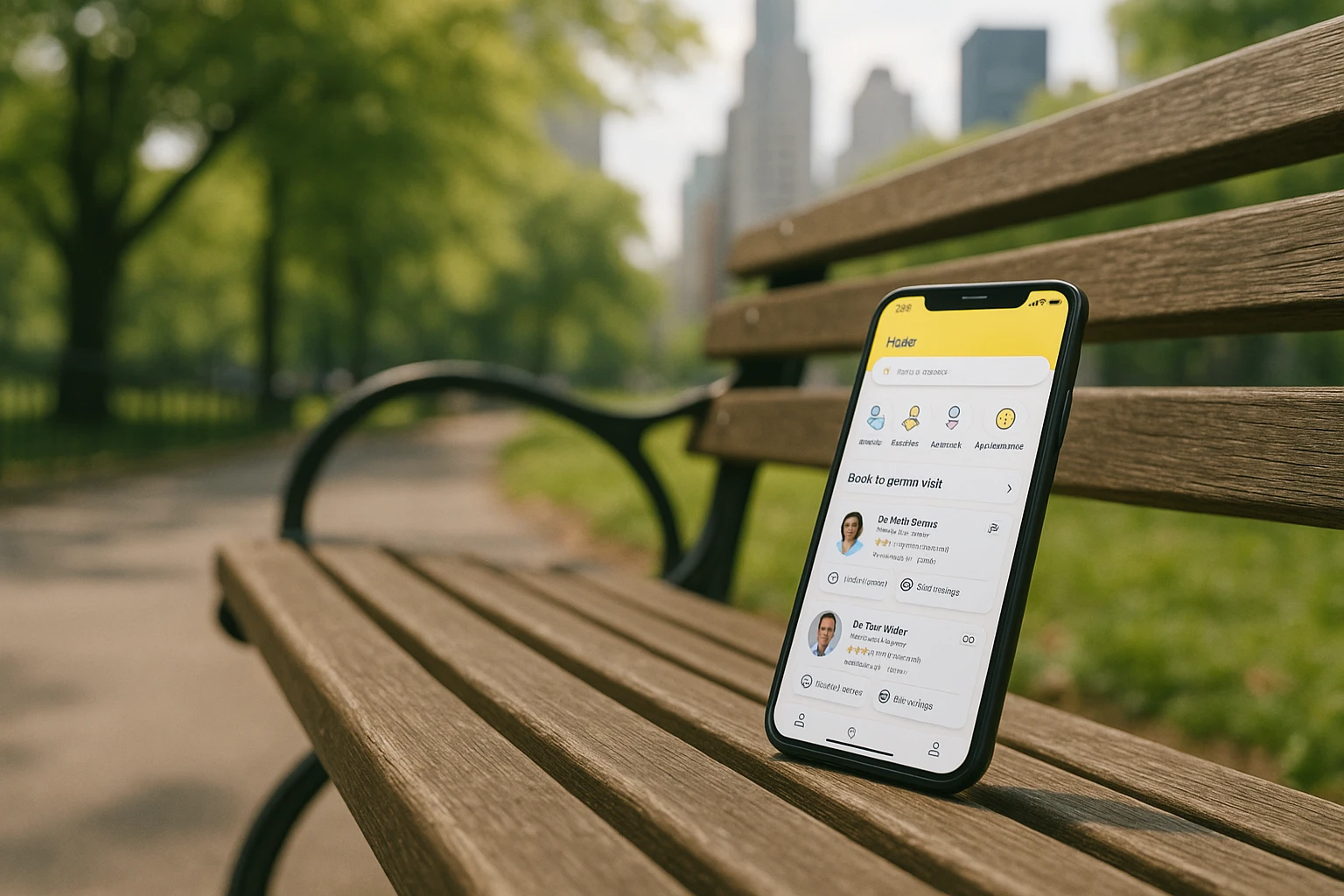 A smartphone lying on a park bench displaying the Zocdoc app, with a blurred cityscape in the background, symbolizing the casual accessibility of healthcare scheduling while outdoors.