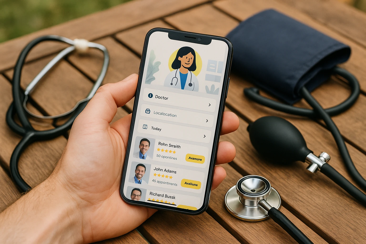 A close-up of a smartphone displaying the Zocdoc app in a patient's hand, surrounded by various medical tools like a stethoscope and a blood pressure cuff, on a wooden outdoor table setting.
