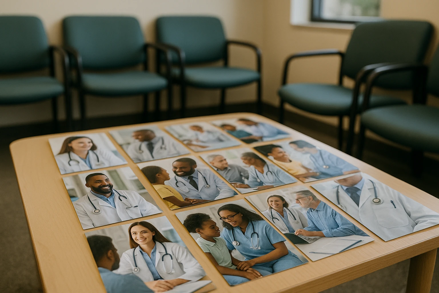 A doctor's waiting room with a table holding a diverse array of brochures and flyers from various healthcare providers, depicting how patients might explore different medical services rather than focusing on a single long-term provider.