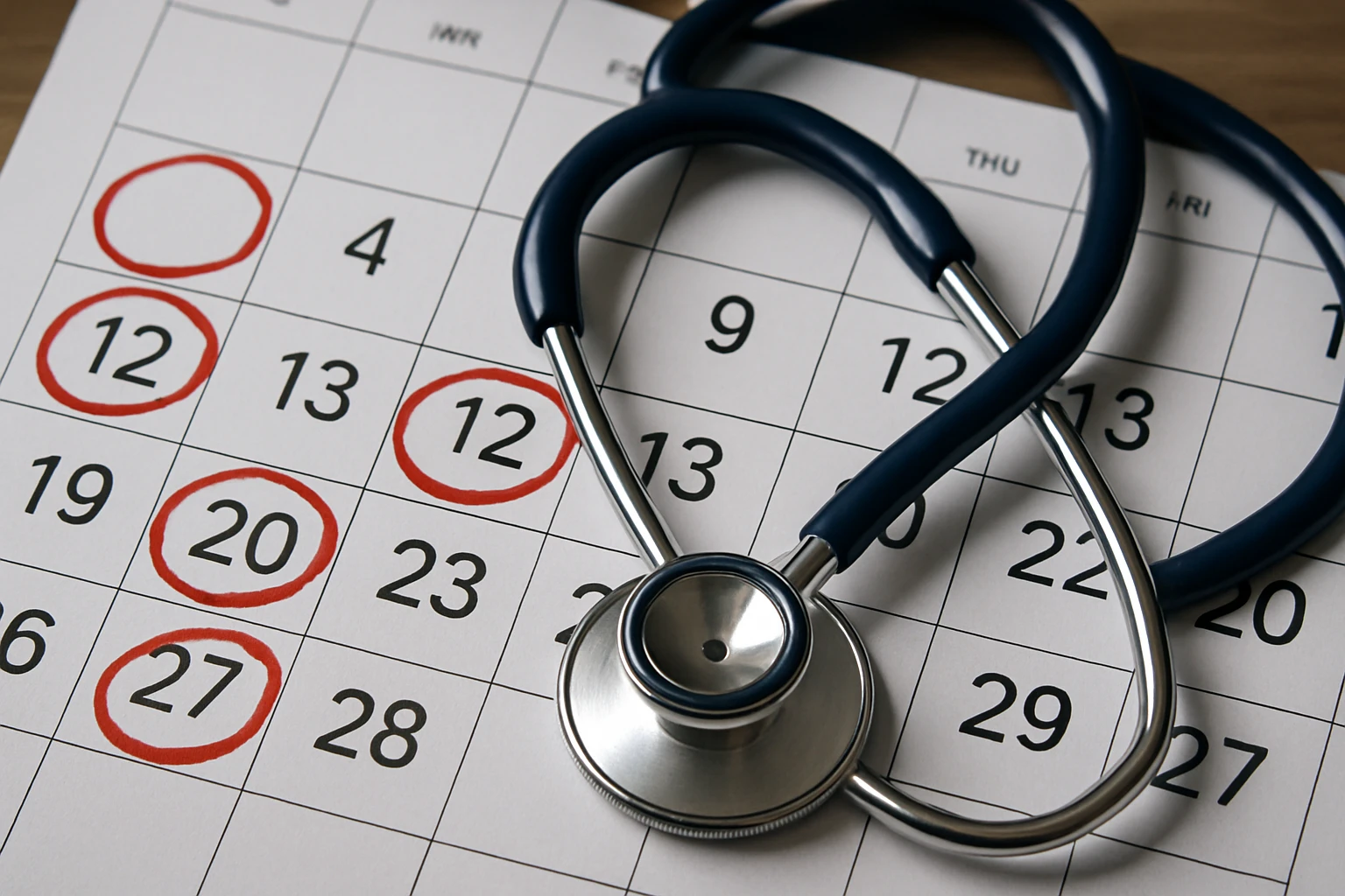 A close-up of a calendar with circled dates and a stethoscope draped over it, symbolizing missed medical appointments and the healthcare scheduling challenges discussed in the content.
