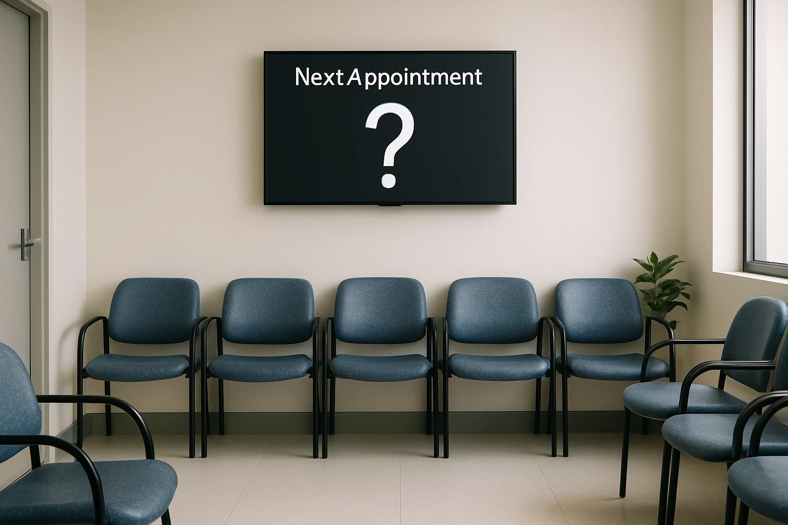 A waiting room in a medical clinic with empty chairs and a digital sign displaying
