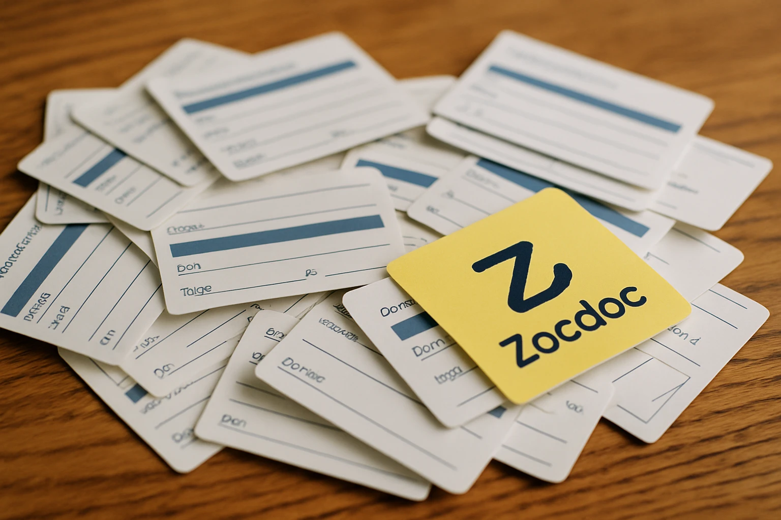 A close-up of a disorganized stack of medical appointment cards scattered on a wooden table, with a Zocdoc logo partially visible on one card, suggesting missed or conflicting appointments and impaired continuity of care.