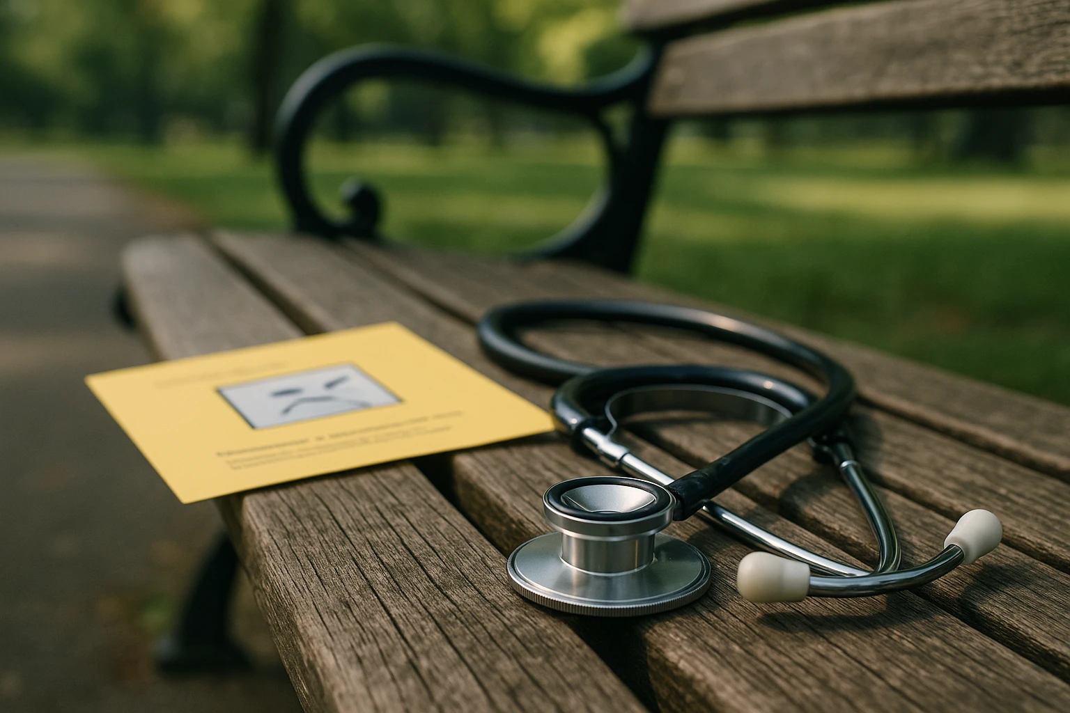 A stethoscope lying unused on a park bench beside a Zocdoc flyer, symbolizing missed connections and fragmented patient care outside the confines of traditional medical settings.