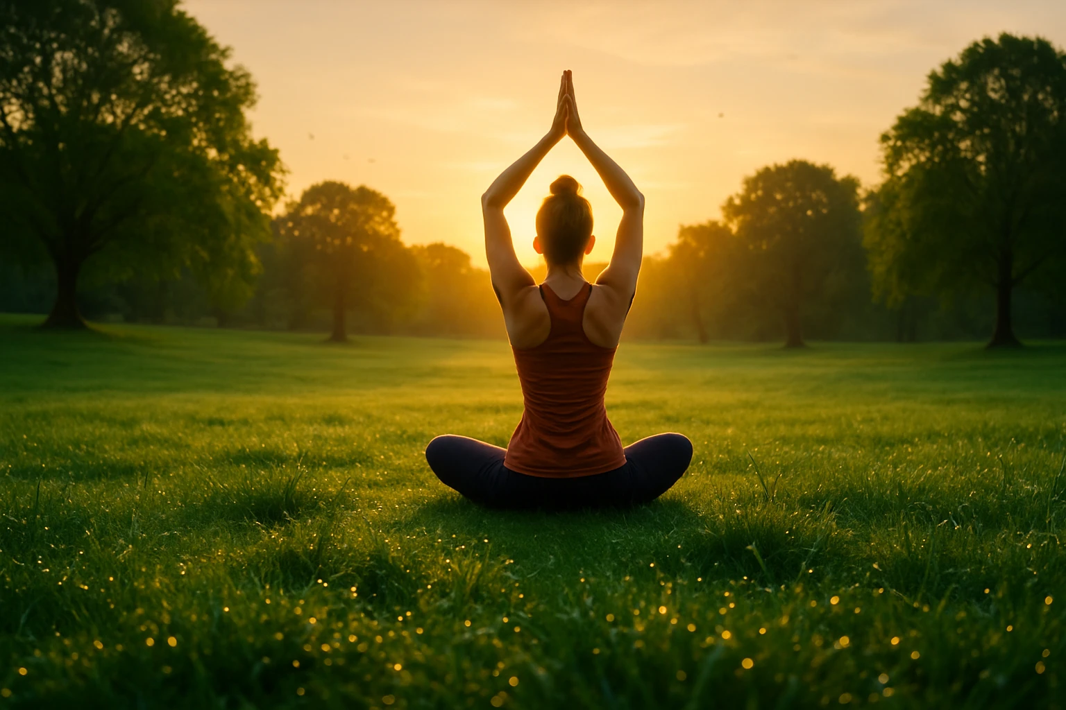 A vibrant outdoor scene featuring a person performing yoga in a lush green park at sunrise, surrounded by dewdrops on grass and the distant sound of birds, symbolizing natural energy and vitality.