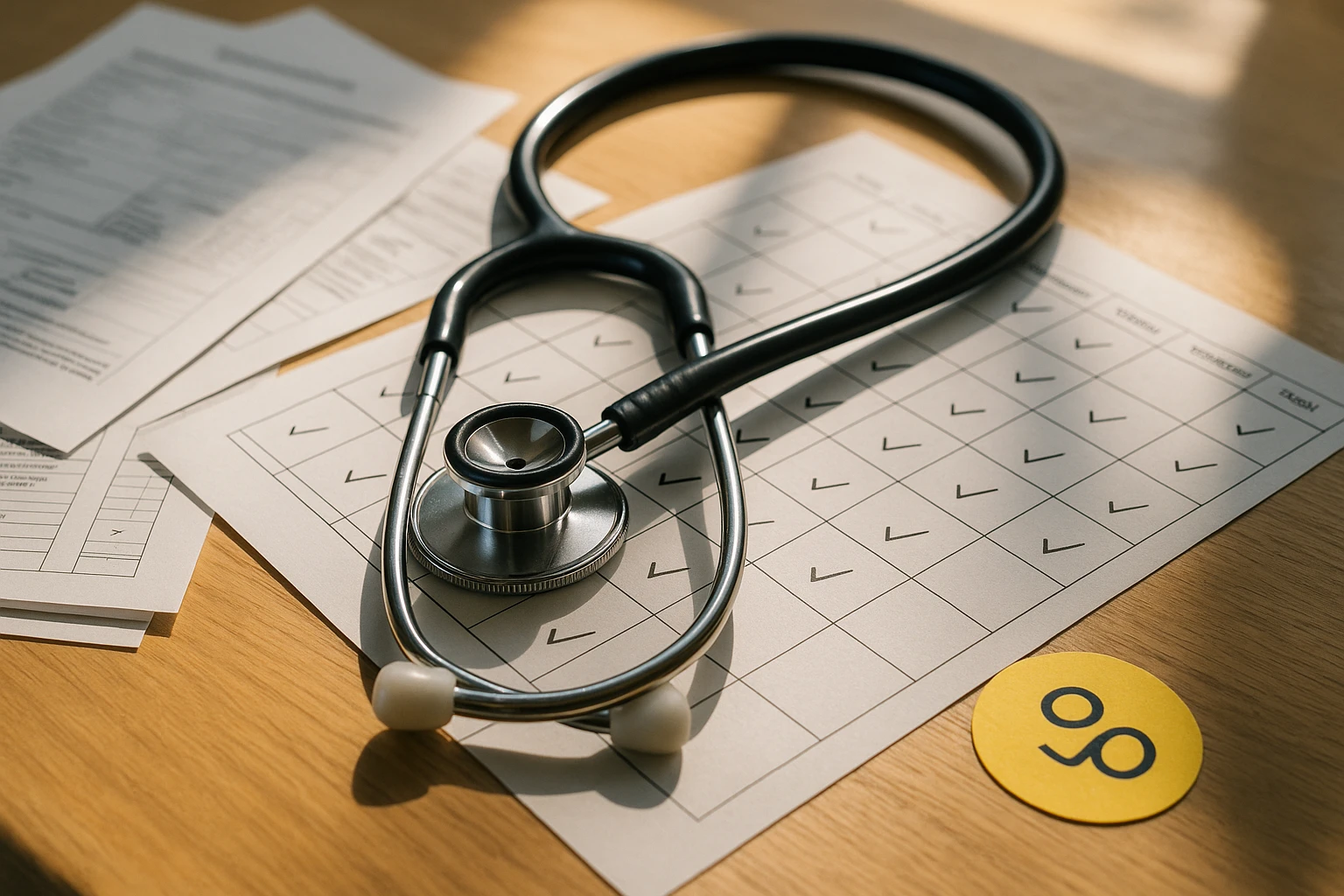 A stethoscope resting on a calendar page filled with marked appointment slots, scattered medical charts, and a Zocdoc logo in the corner, set under natural sunlight filtering through a window.