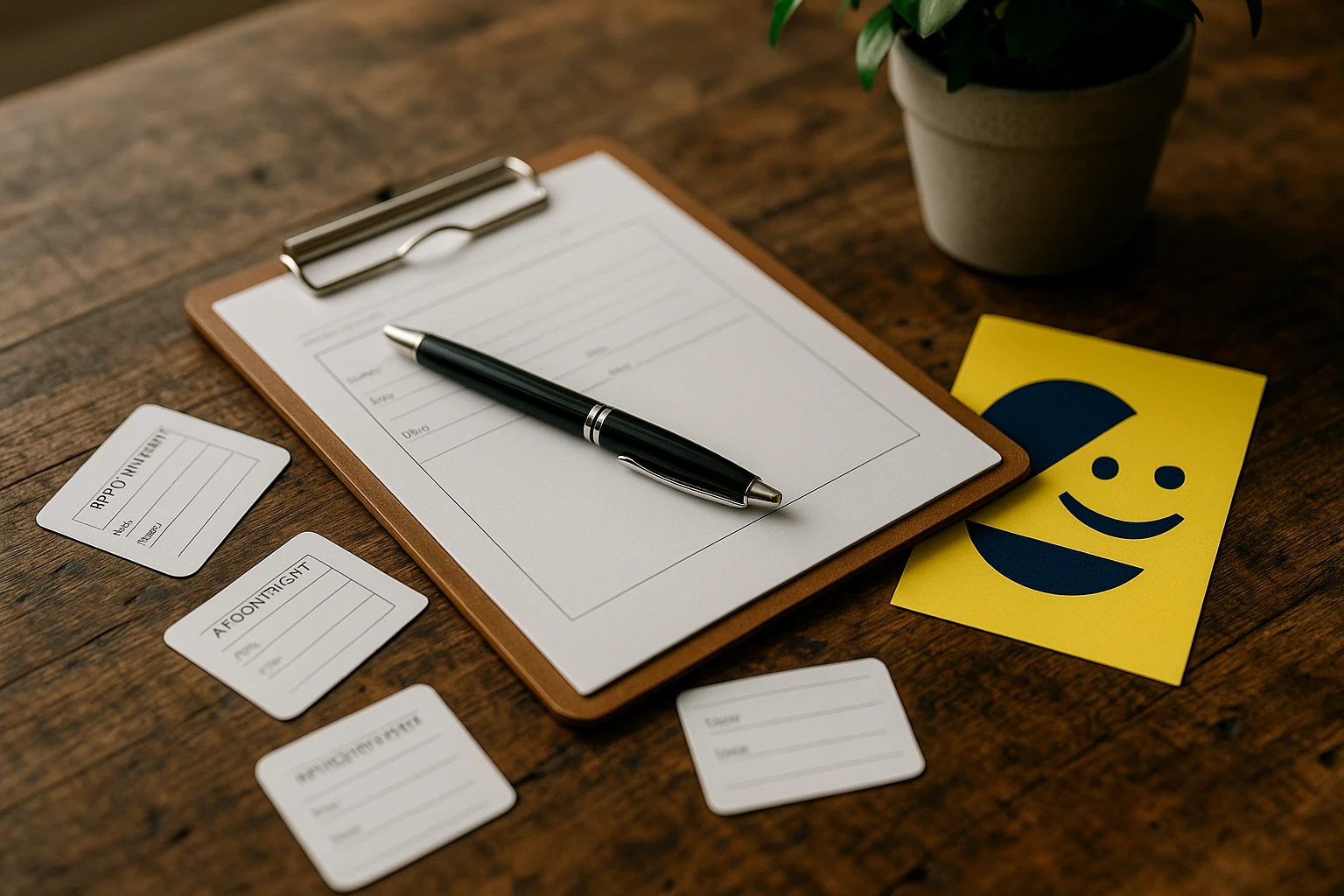 A close-up of a doctor's clipboard with a pen lying on top, surrounded by scattered appointment reminder cards and a Zocdoc promotional flyer, set on a rustic wooden table with a potted plant in the background.