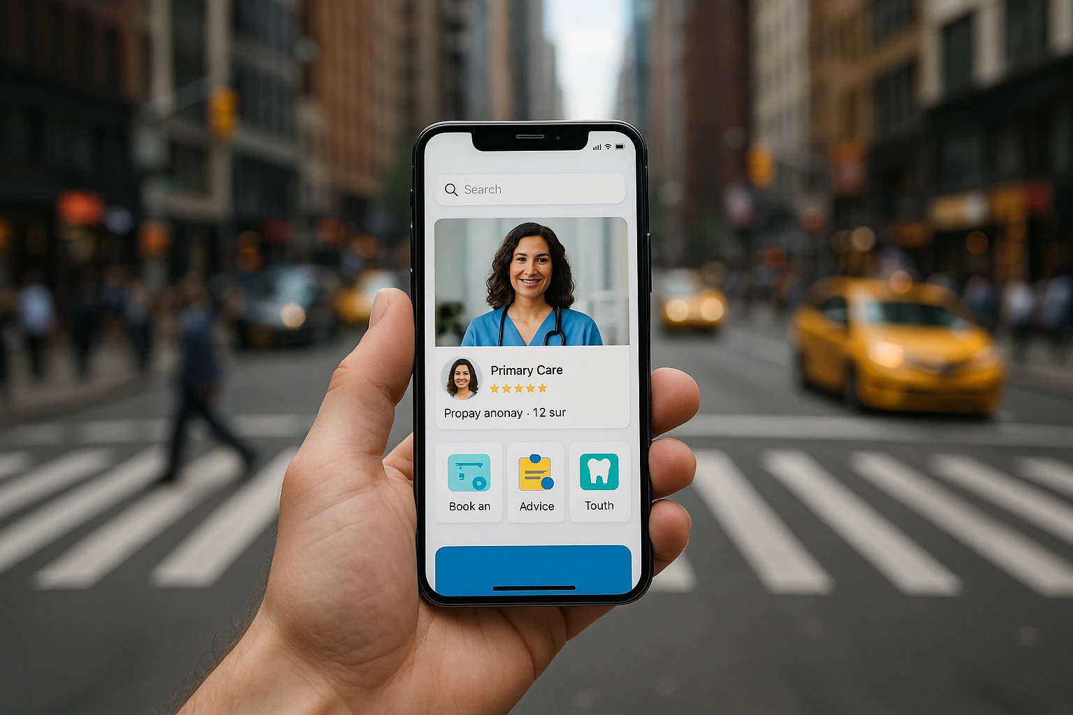 A smartphone displaying the Zocdoc app interface held against a backdrop of a bustling city street, emphasizing the blend of digital convenience with urban life.