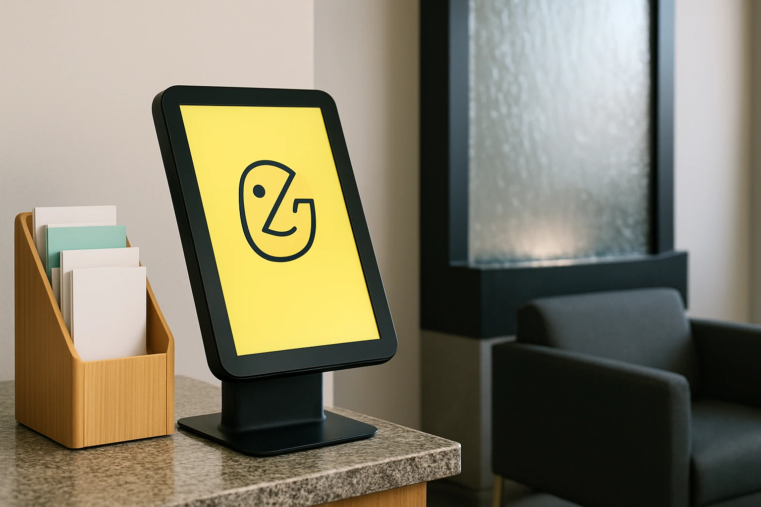 A close-up of a modern waiting room with a digital kiosk displaying the Zocdoc logo, surrounded by informational brochures and a sleek water feature in the background, highlighting the integration of digital solutions in healthcare settings.