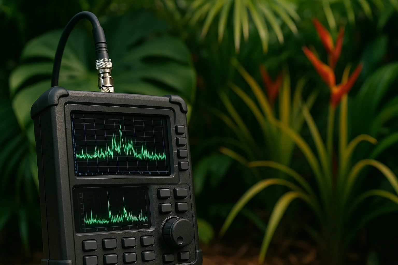 A close-up of a specialized frequency scanner device in action, its digital display showing fluctuating signals, set against a backdrop of tropical plants native to Delray Beach, Florida.