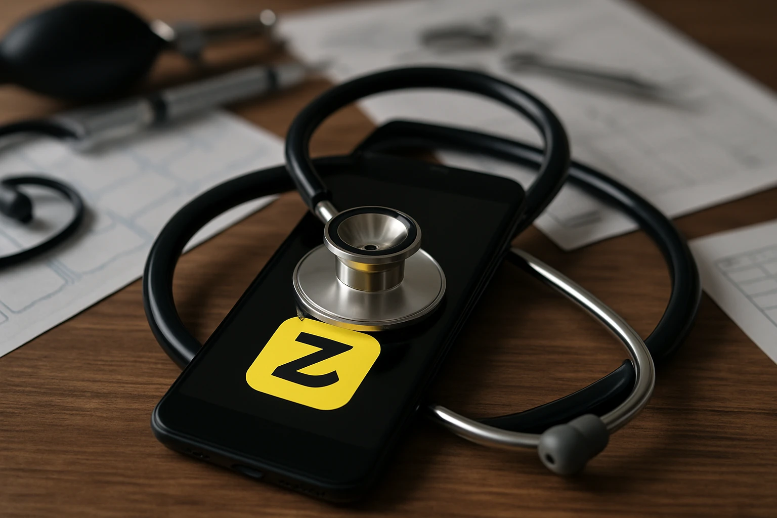 A stethoscope draped over a smartphone displaying the ZocDoc logo, set against a background of medical equipment and charts on a wooden table.