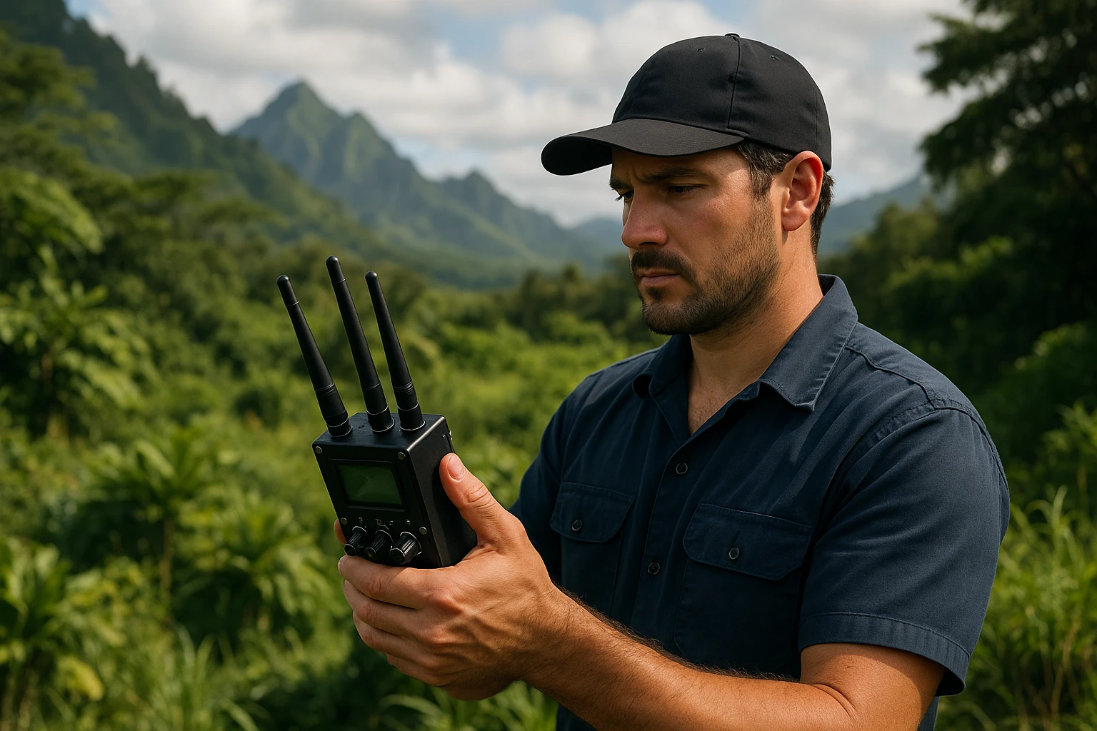 A technician in Kauai, Hawaii, uses a handheld RF detector in a scenic outdoor setting, surrounded by lush greenery and distant mountains, emphasizing privacy and security amidst nature.