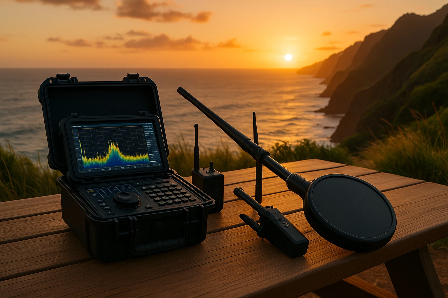 A set of specialized bug detection tools, including a spectrum analyzer and a non-linear junction detector, arranged on a picnic table overlooking the ocean cliffs of Kauai at sunset, illustrating the intersection of technology and natural beauty.