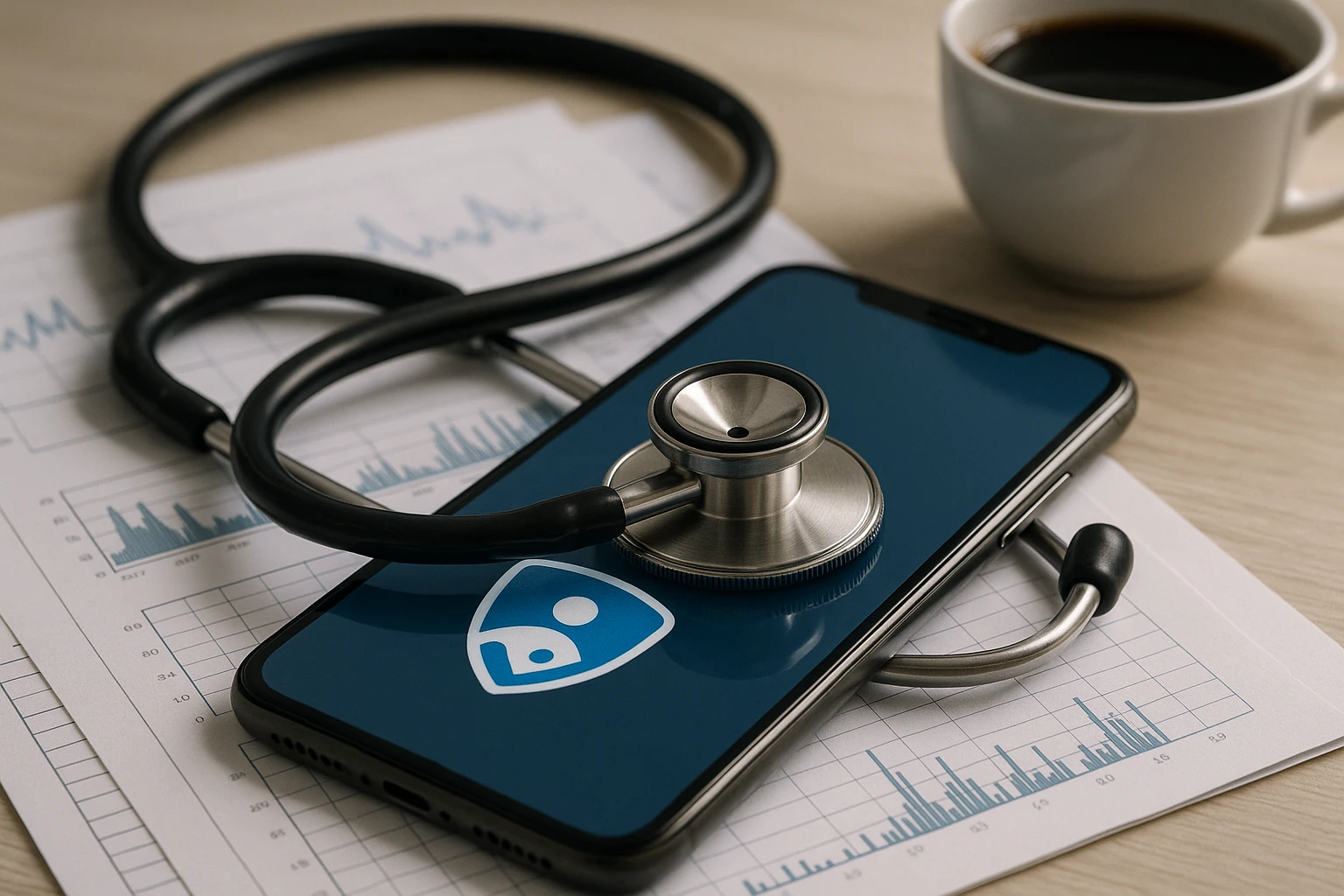 A close-up of a doctor's stethoscope resting on a smartphone displaying the Vosita.com logo, set on a table with medical charts and a cup of coffee, symbolizing the integration of technology in personalized patient care.