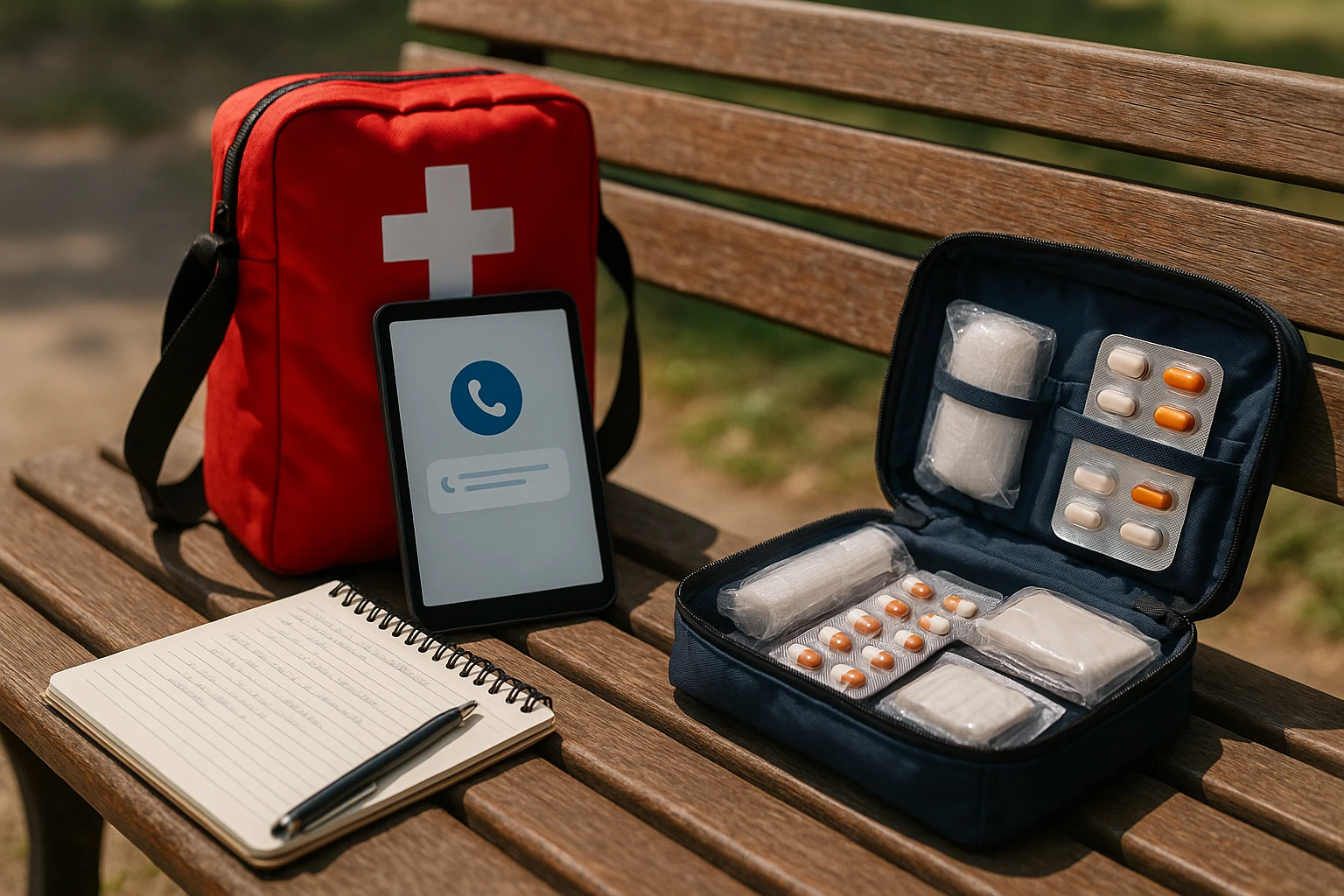 A medical kit bag on a park bench with the Vosita.com device displaying a notification; nearby a notepad with handwritten patient care notes and an open first aid kit, illustrating healthcare accessibility and real-time communication outdoors.