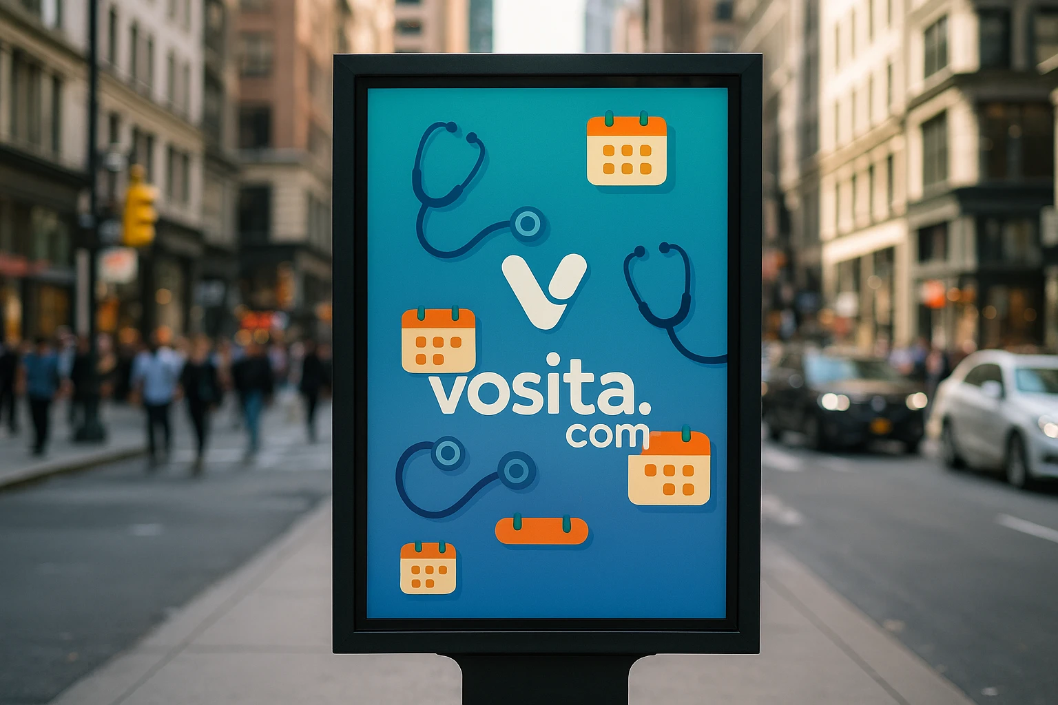 An outdoor advertisement board in a busy city street showcases the Vosita.com logo with the slogan