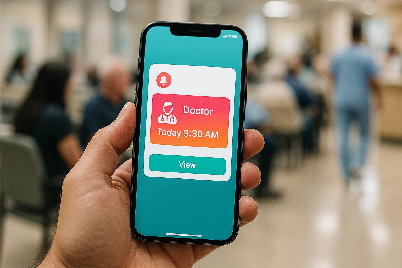 A close-up of a smartphone displaying the Vosita.com app interface with vibrant real-time appointment alerts, set against a background of a busy healthcare facility's waiting area, highlighting seamless communication and schedule management.