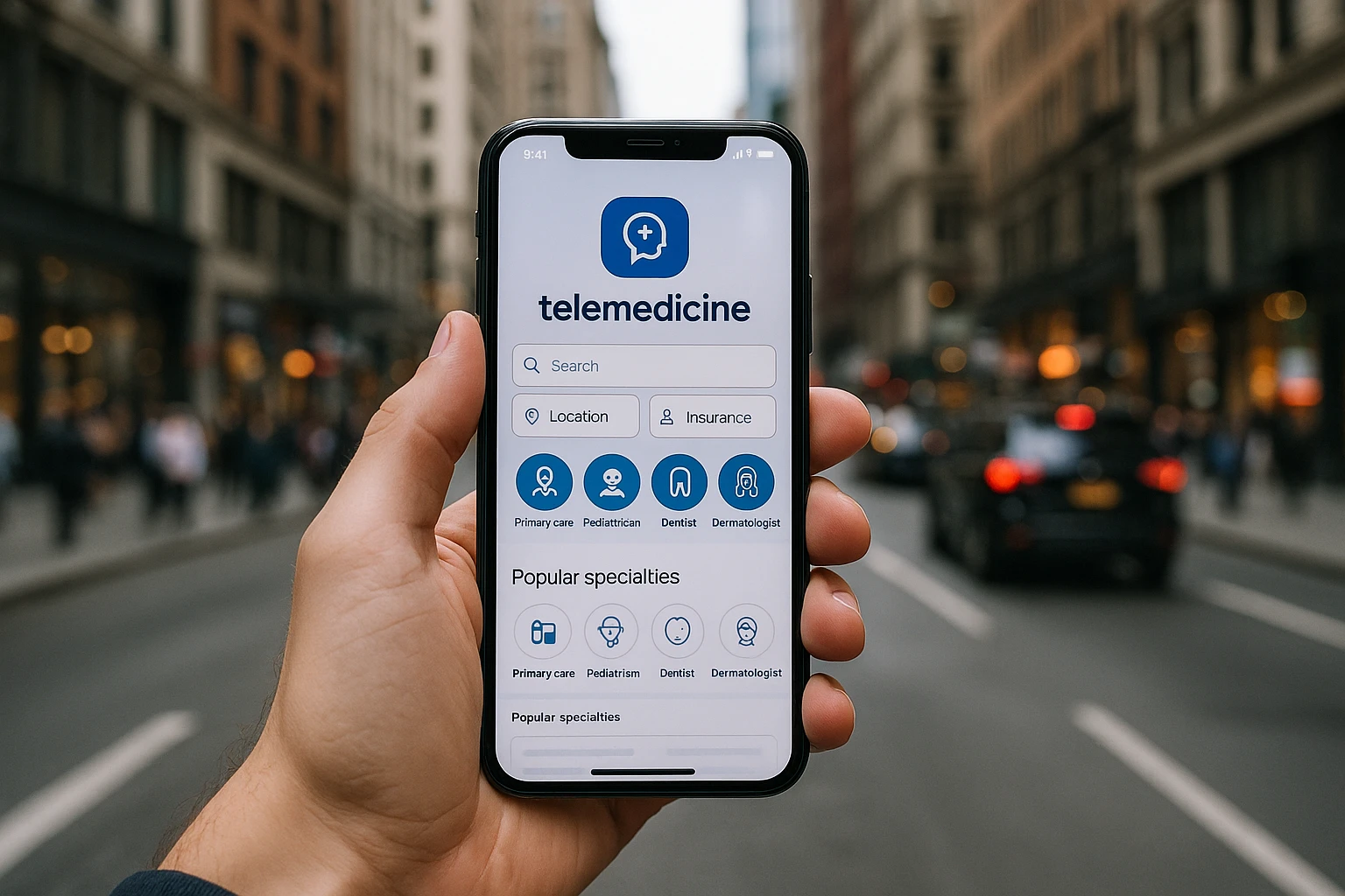 A smartphone held in a hand outdoors, displaying the Vosita.com app interface, with a backdrop of a bustling city street to depict convenience and accessibility.